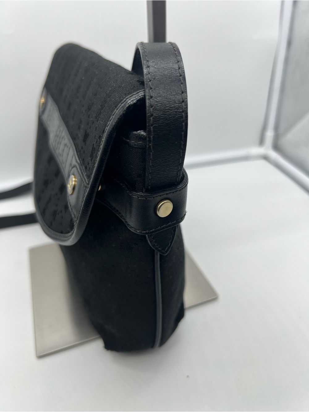 NINA RICCI VINTAGE Black Monogram Canvas Perforated Leather Flap Crossbody Bag - Picture 5 of 12